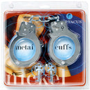 Silver Spartacus Nickel Single Lock Handcuffs with keys in packaging, ideal for bondage play and fantasy enhancement.