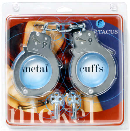 Silver Spartacus Nickel Single Lock Handcuffs with keys in packaging, ideal for bondage play and fantasy enhancement.