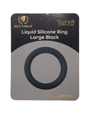 Spartacus Liquid Silicone Cock Ring Large Black packaging showing a super stretchy and velvety smooth ring.