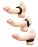b-Vibe Snug Ring 40 mm Stretch Silicone Cock Ring Black displayed on three models for enhanced comfort and performance.