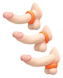 b-Vibe Snug Ring 40 mm Silicone Cock Ring Orange displayed on three models, showcasing vibrant fit and design.