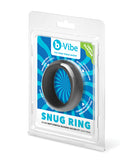 b-Vibe Snug Ring 45 mm Stretch Silicone Cock Ring Black in packaging with design elements highlighting product features.