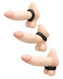 b-Vibe Snug Ring 45 mm Stretch Silicone Cock Ring Black displayed on three different models.