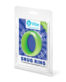 b-Vibe Snug Ring 45 mm Soft Stretch Silicone Cock Ring Green in packaging with modern design.