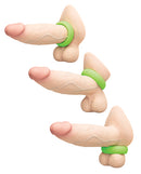 b-Vibe Snug Ring 45 mm Soft Stretch Silicone Cock Ring Green shown on various models for enhanced performance.