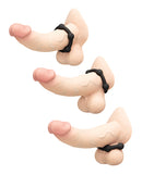 b-Vibe Snug Ring Orbit Nubby Silicone Cock Ring displayed on three different models, highlighting textured design for enhanced pleasure.