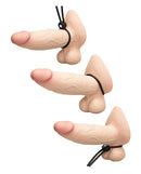 b-Vibe Lasso Grip Fully Adjustable Silicone Cock Ring shown in three adjustable sizes for customized fit.