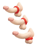 b-Vibe Flex Ring Grip Super Soft Silicone Cock Ring Red three sizes showcasing elastic fit and comfort.