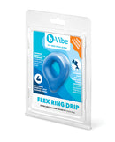 b-Vibe Flex Ring Drip Super Soft Silicone Cock Ring Blue in packaging with product details.