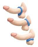 b-Vibe Flex Ring Drip Super Soft Silicone Cock Ring Blue displayed on three different sizes.