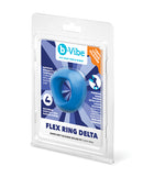 b-Vibe Flex Ring Delta Super Soft Silicone Cock Ring Blue packaged with features highlighted