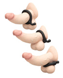 b-Vibe Flex Ring Tap Super Soft Silicone Cock Ring displayed in three variations, showcasing stretchy and comfortable design.