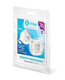b-Vibe Stretch-Tech Double Barrel Secure Fit Cock Ring packaging showcasing the flexible secure fit design and 2-in-1 support.