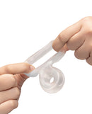 Hand holding the b-Vibe Stretch-Tech Double Barrel Secure Fit Cock Ring, showcasing its flexible design.