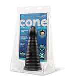 b-Vibe Cone 10 Inch Tapered Ribbed XXL Suction Cup Dildo in packaging highlighting features and design.