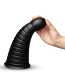 b-Vibe Cone 10 Inch Tapered Ribbed XXL Suction Cup Dildo in black being held with ribbed texture.