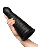 b-Vibe Cone 10 Inch Tapered Ribbed XXL Suction Cup Dildo held in hand showing ribbed texture and tapered design