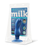 b-Vibe Milk 8.5 Inch Curved XXL Anal Trainer in packaging showcasing tapered tip and suction cup.