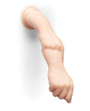 b-Vibe Fists 14.5 Inch Realistic XXL Suction Cup Dildo attached to a wall, showcasing a lifelike sculpted arm and hand.