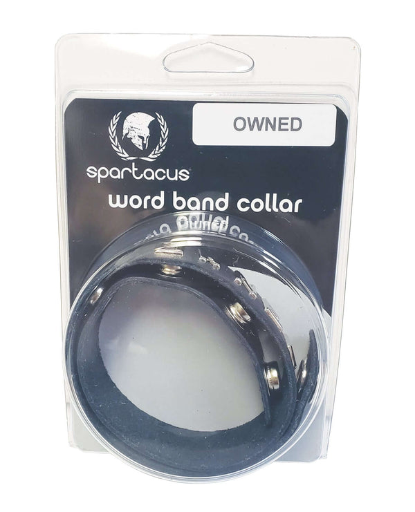 Premium Spartacus SM Collar in packaging with "Owned" label, crafted from oil-tanned leather for BDSM enthusiasts.