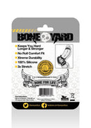 Boneyard Silicone Ring packaging showing key features and benefits including durability, comfort, stretchability, and satisfaction guarantee
