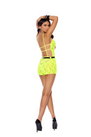 Elegant Moments Lace Romper One Size Chartreuse showcasing a vibrant lace design and stylish back details.