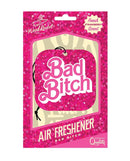 Air Freshener Bad Bitch packaging with Fresh Strawberry scent in pink glitter design by Wood Rocket.