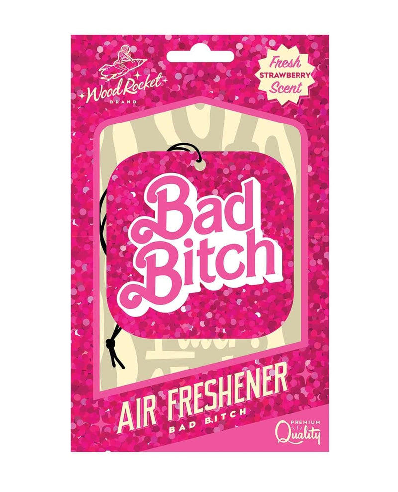 Air Freshener Bad Bitch packaging with Fresh Strawberry scent in pink glitter design by Wood Rocket.
