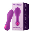 Femme Funn Solia Bullet Flat Tipped Vibrator Purple packaging and product, showcasing its innovative flat tip design.