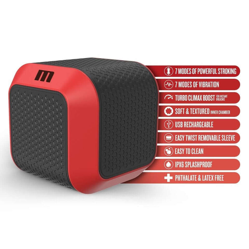 M For Men SlamBox Red with 7 powerful stroking modes, 360° rotation, and USB rechargeable design for ultimate pleasure.