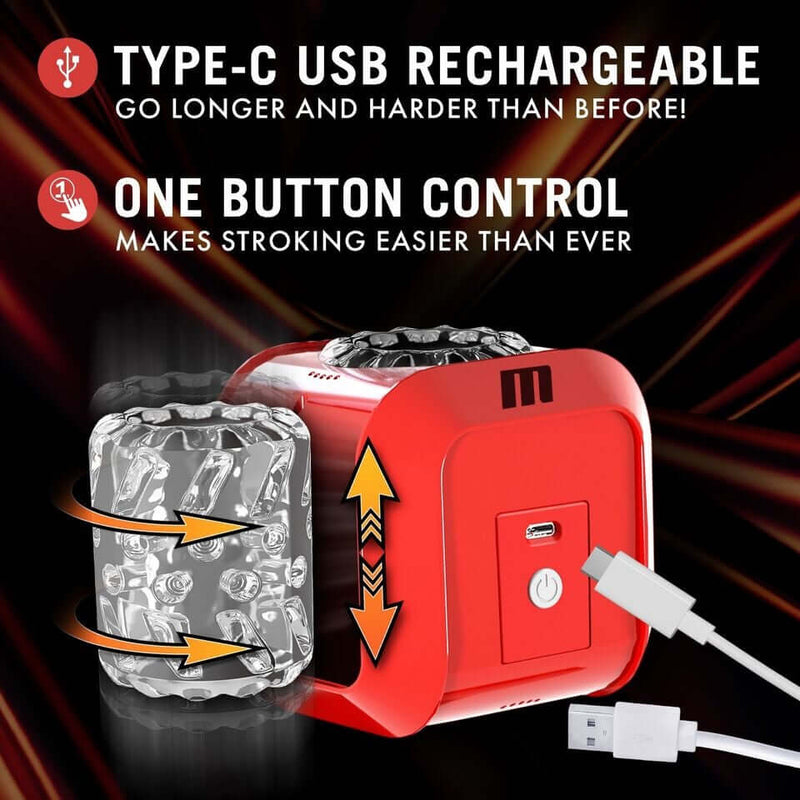 M For Men SlamBox Red with powerful stroking modes, 360° rotation, Type-C USB rechargeable, and easy one-button control.