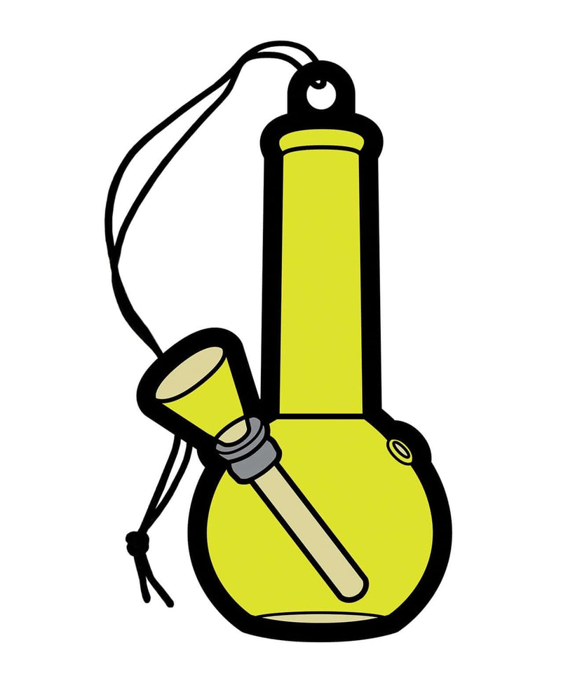 Yellow air freshener shaped like a bong with a hook for hanging 사용