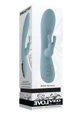 EVOLVED BOSS BUNNY Silicone Rabbit Vibrator in packaging showing sleek design and controls.