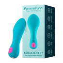 Femme Funn Solia Bullet Flat Tipped Vibrator Turquoise on display with packaging, showcasing its design and features.
