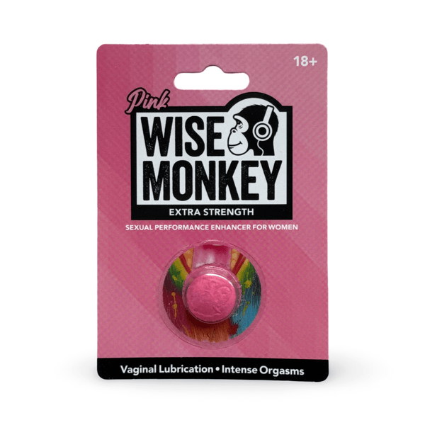 Pink Wise Monkey Womens Vitality Supplement packaging showing sexual performance enhancer for women.