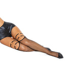 Coquette Fishnet Strap Thigh High Stockings Black One Size displayed on legs with bold strap and metal ring details.