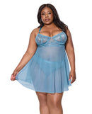 Coquette Floral Lace Babydoll and Thong Set Blue 1X/2X displayed on a model showcasing its flattering fit and romantic design.