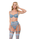 Coquette Between Dreams Lace Bra Garter and Thong Set Blue displayed on a model, featuring floral lace and adjustable straps.