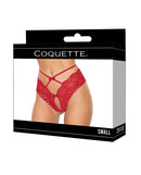 Coquette Lace Hipster Panty with Bow Detail Red Small packaging showcasing the stylish design and vibrant color.