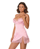 Coquette Kissed by Satin Underwire Chemise Pink Small featuring soft underwire cups and a lace-trimmed hem.