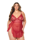 Crimson Luxe Lace and Mesh Babydoll with G-String Red Queen displayed on model in red sheer fabric.