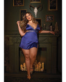 Coquette Metallic Stretch Lace Satin Chemise Navy Queen worn by a model, showcasing the elegant design and rich navy color.