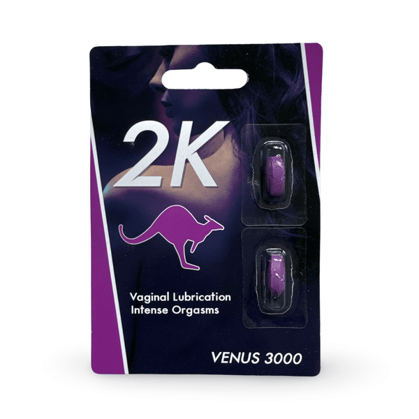 Kangaroo 2K Venus 3000 herbal supplement packaging with vibrant colors for women's vitality and lubrication.