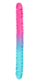 B Yours Candy Papi Double Dildo 17.75 inches in vibrant pink and blue gradient design, showcasing its flexible and realistic feel.