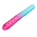 B Yours Candy Papi Double Dildo 17.75 inches in vibrant pink and blue gradient design.