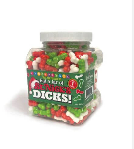 Eat a Jar of St. Nicks Dicks 1 Lbs candy jar filled with festive red, white, and green penis-shaped candies.