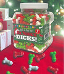 A festive jar of candy featuring Eat a Jar of St. Nicks Dicks 1 Lbs candies, displayed with holiday decorations.