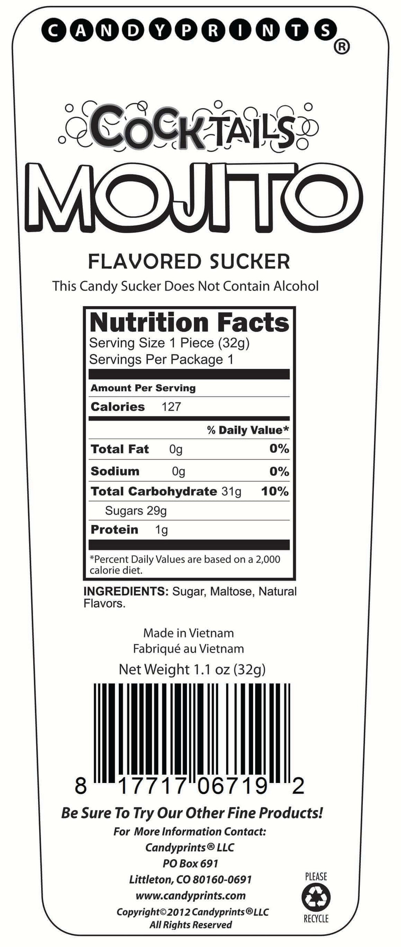 Cocktails Mojito Flavored Penis-Shaped Lollipop Nutrition Facts by Candyprints