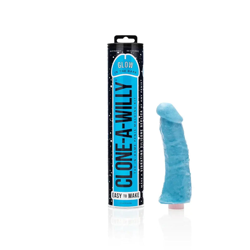Clone-A-Willy Blue Glow in the Dark Vibrating Silicone Dildo Kit with packaging and completed blue dildo.