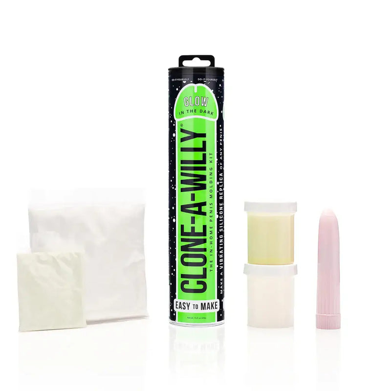 Clone-A-Willy Glow in the Dark Vibrating Silicone Dildo Kit with all components displayed